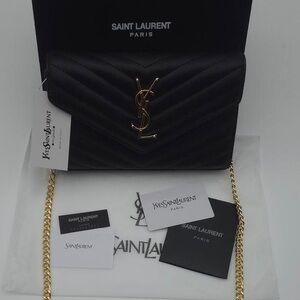 Saint Laurent Black Quilted Envelope Crossbody with Gold Hardware